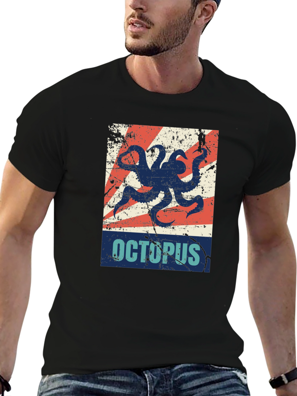 Distressed Octopus Graphic T-Shirt - Mens Black Tee