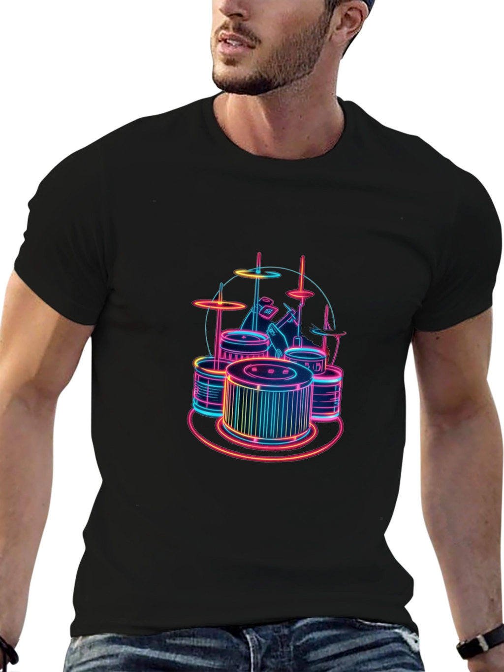 Neon Drum Set Graphic Tee - Stylish Black T-Shirt