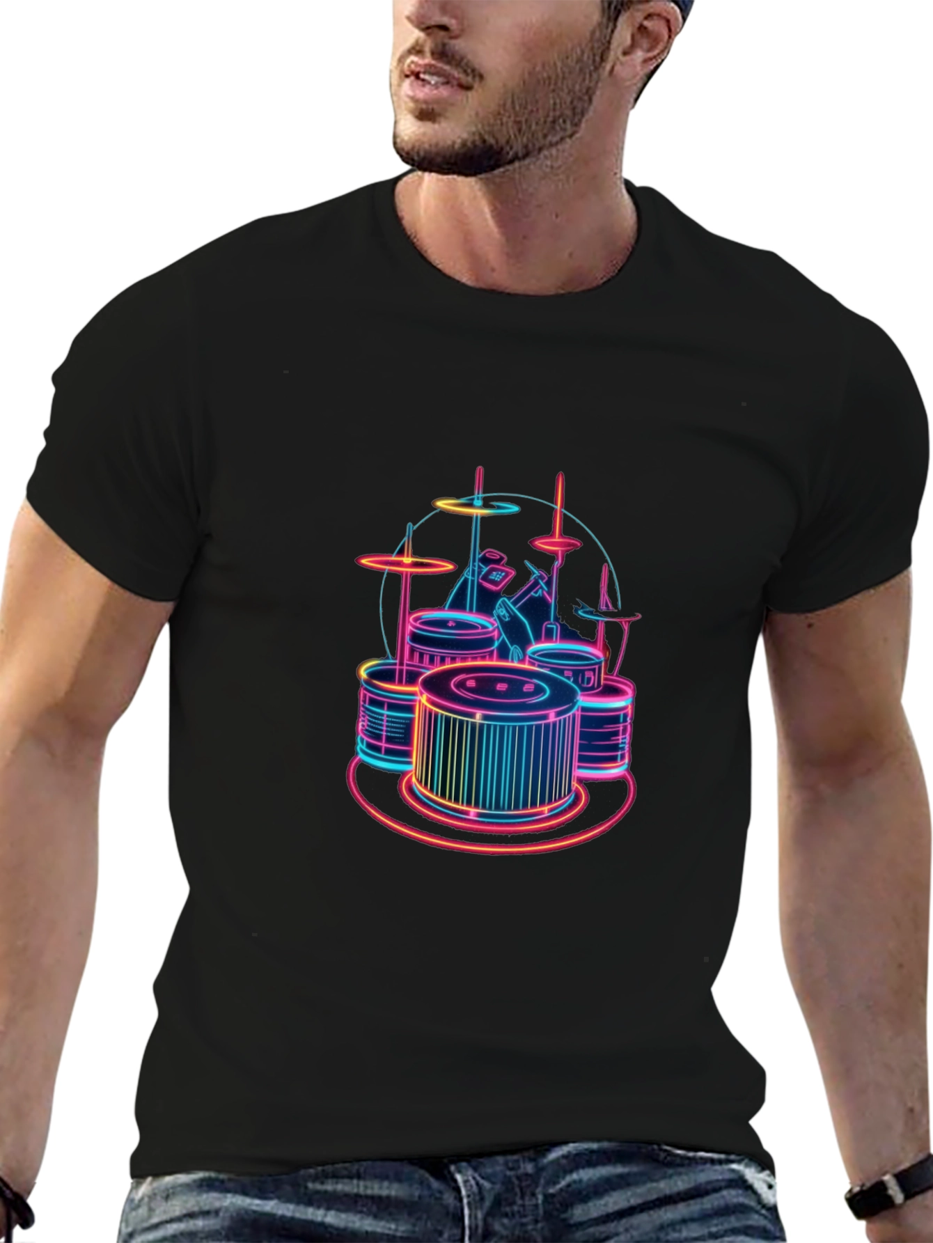 Neon Drum Set Graphic Tee - Stylish Black T-Shirt
