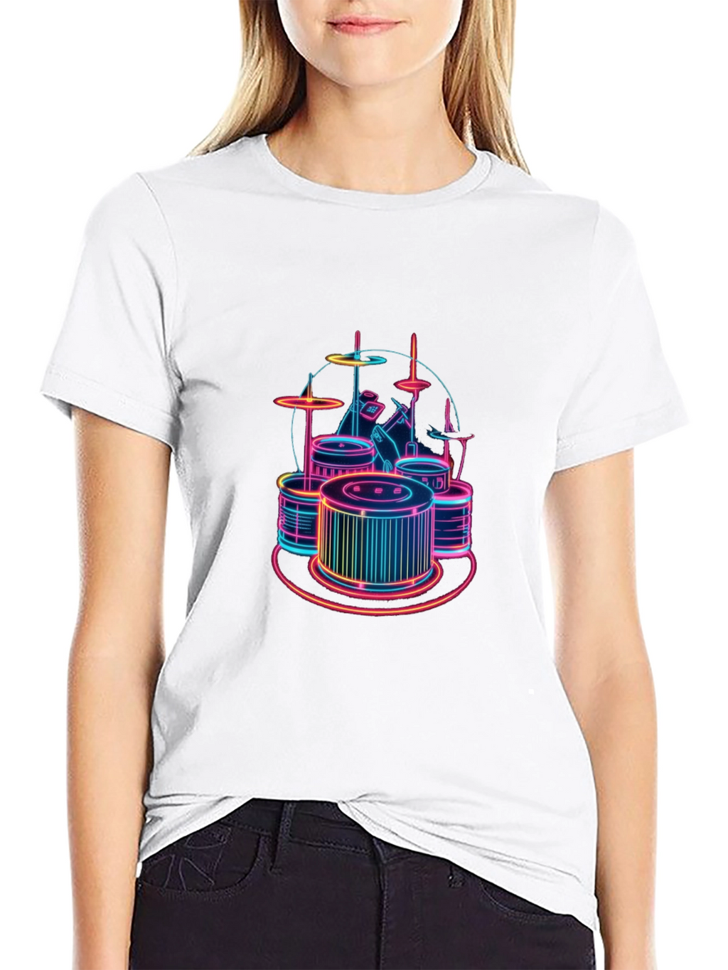 Neon Drum Set Graphic Tee - Stylish Black T-Shirt