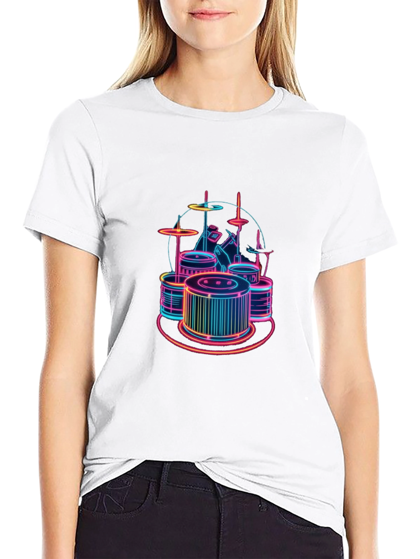 Neon Drum Set Graphic Tee - Stylish Black T-Shirt