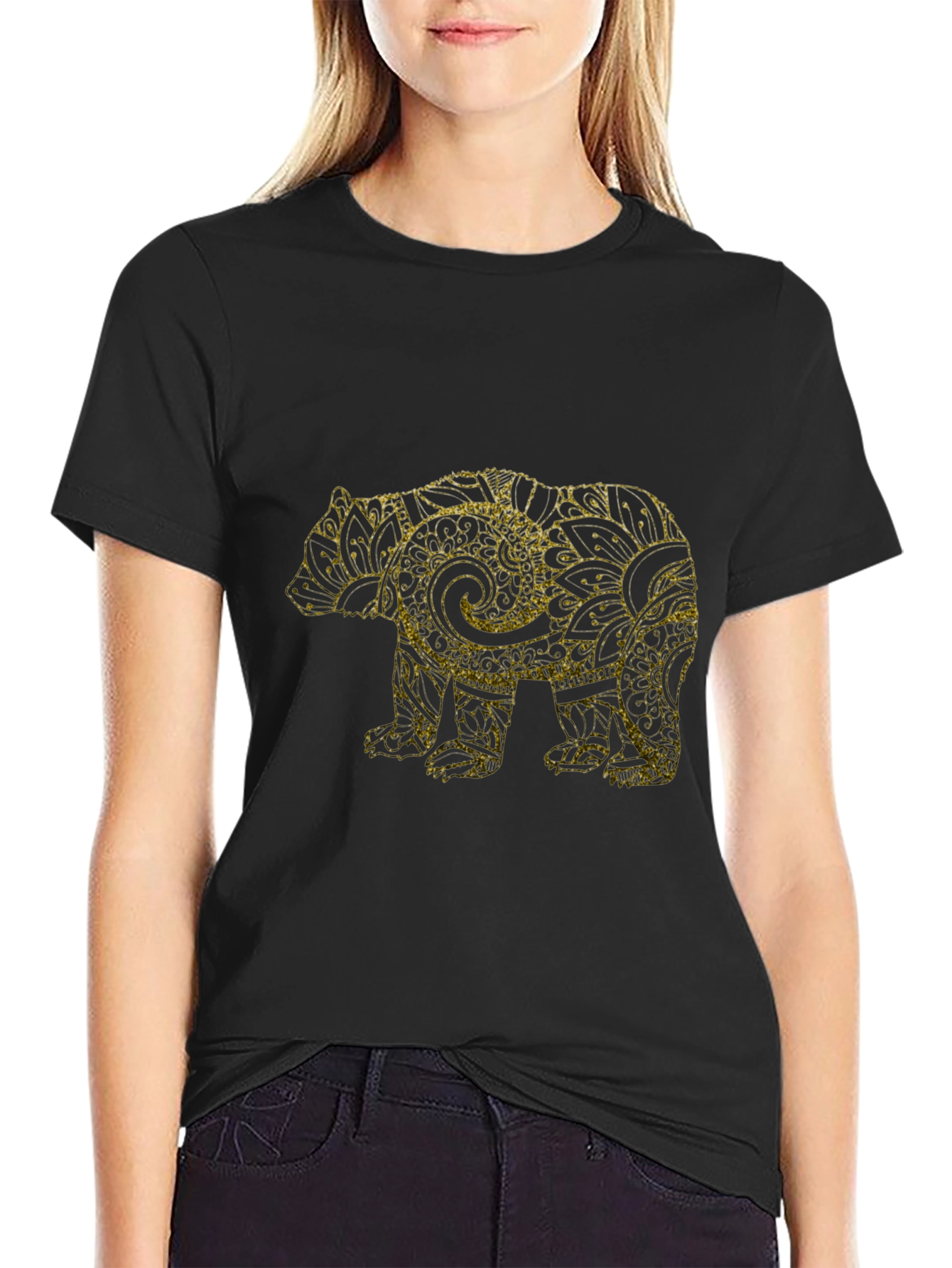 Black T-Shirt with Gold Bear Mandala