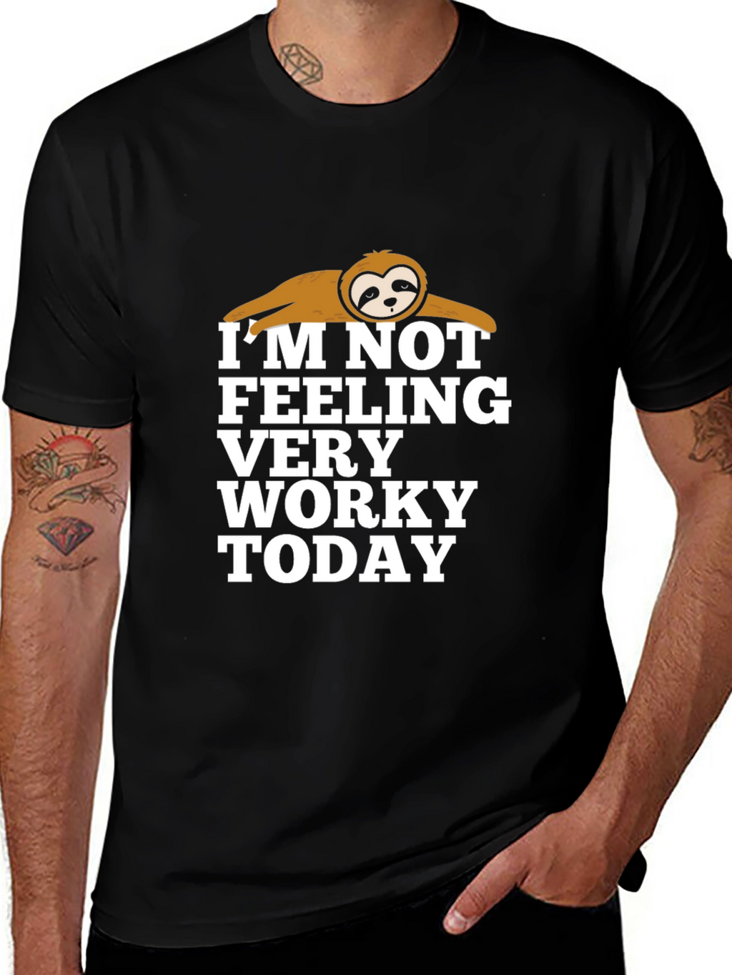 Funny Sloth Not Worky Graphic Print Black T-Shirt
