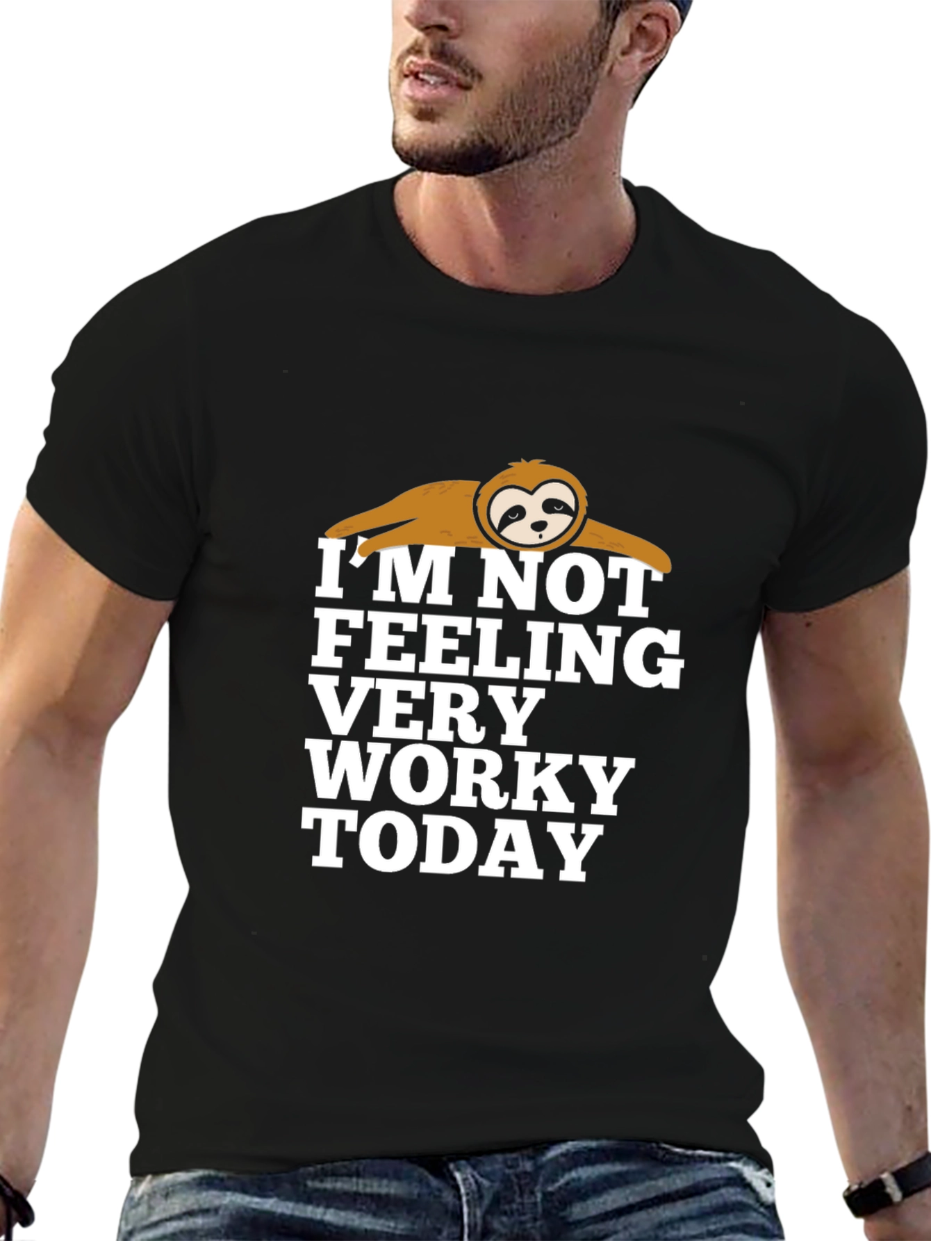 Funny Sloth Not Worky Graphic Print Black T-Shirt