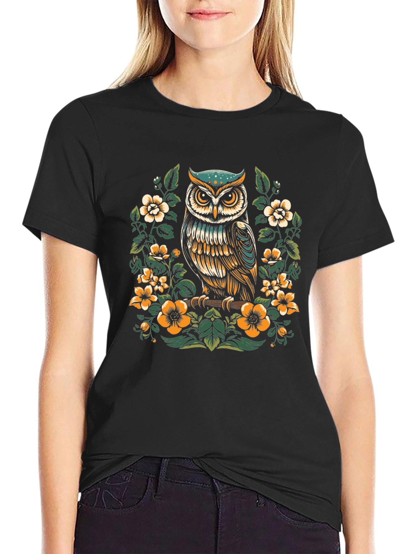 Owl Floral Graphic Print T-Shirt - Nature Inspired Design