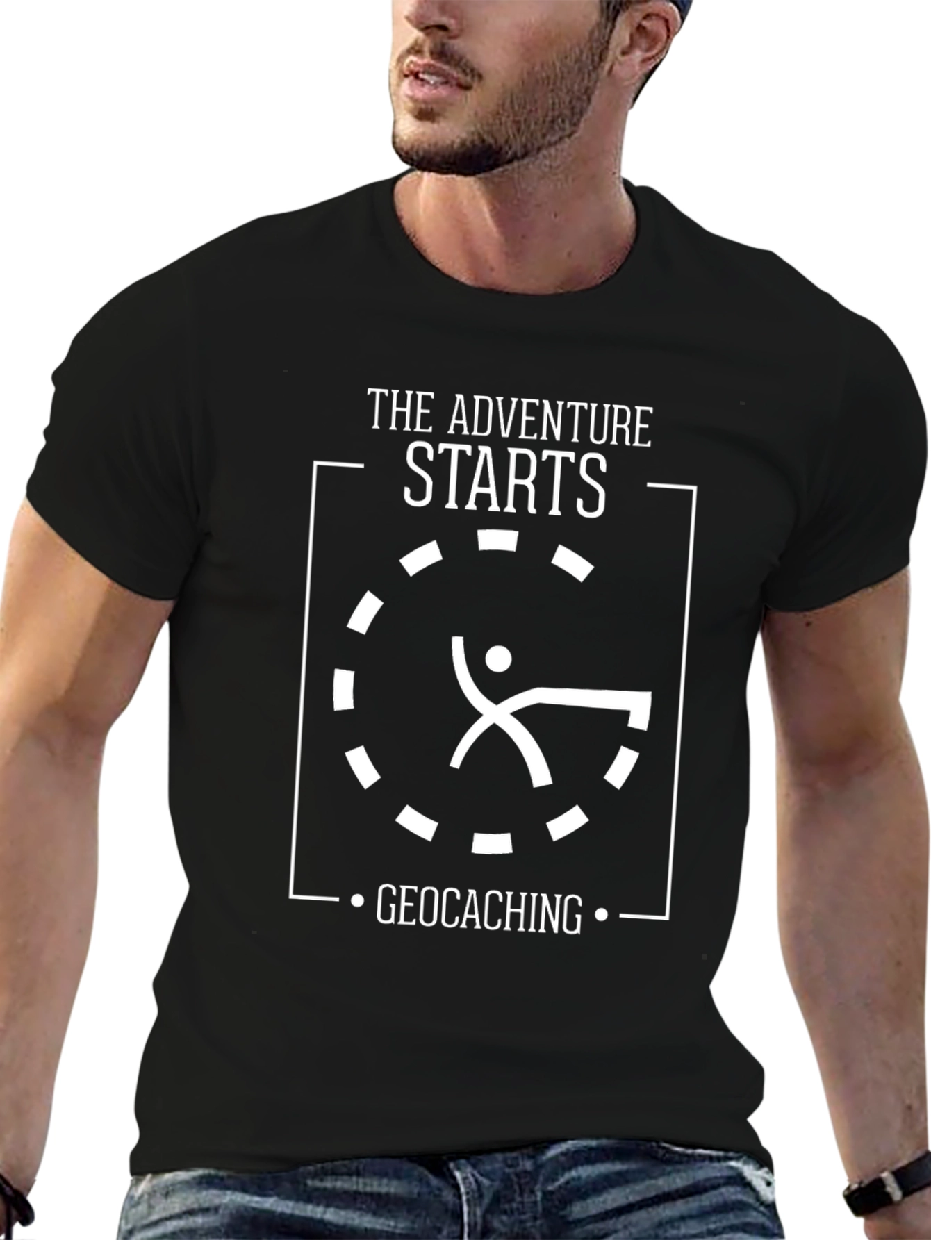 Adventure Starts Geocaching Black Tee Shirt