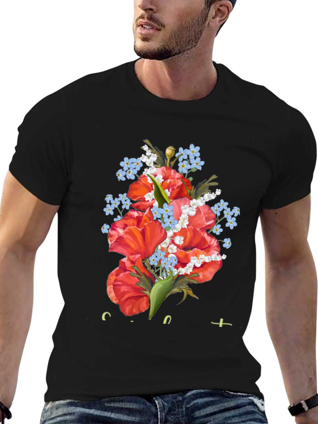 Floral Bouquet Graphic Black T-Shirt