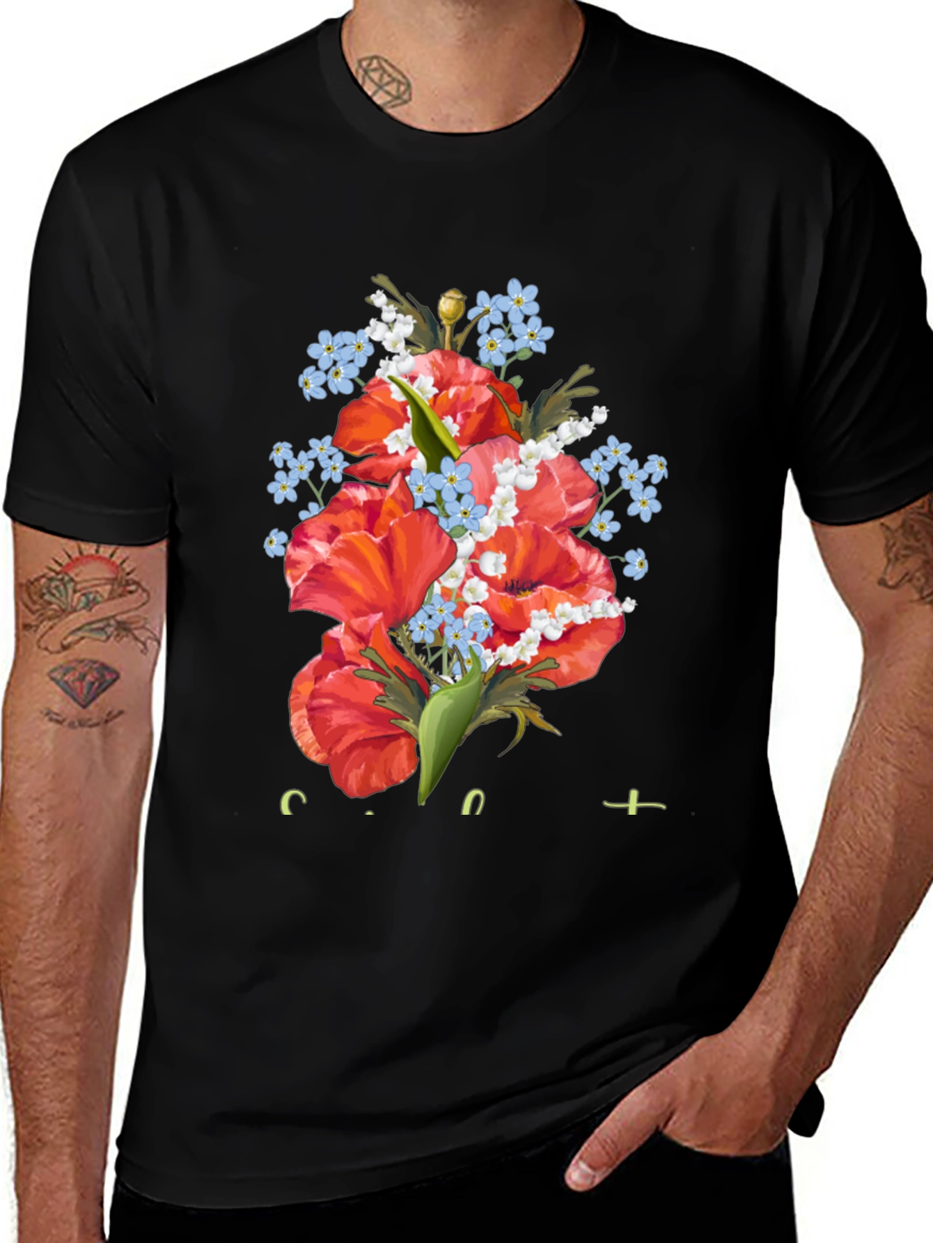 Floral Bouquet Graphic Black T-Shirt