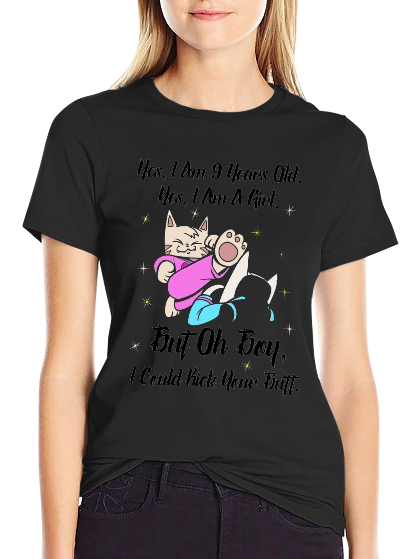 Funny Cat T-Shirt - 9 Years Old Girl - Kick Your Butt