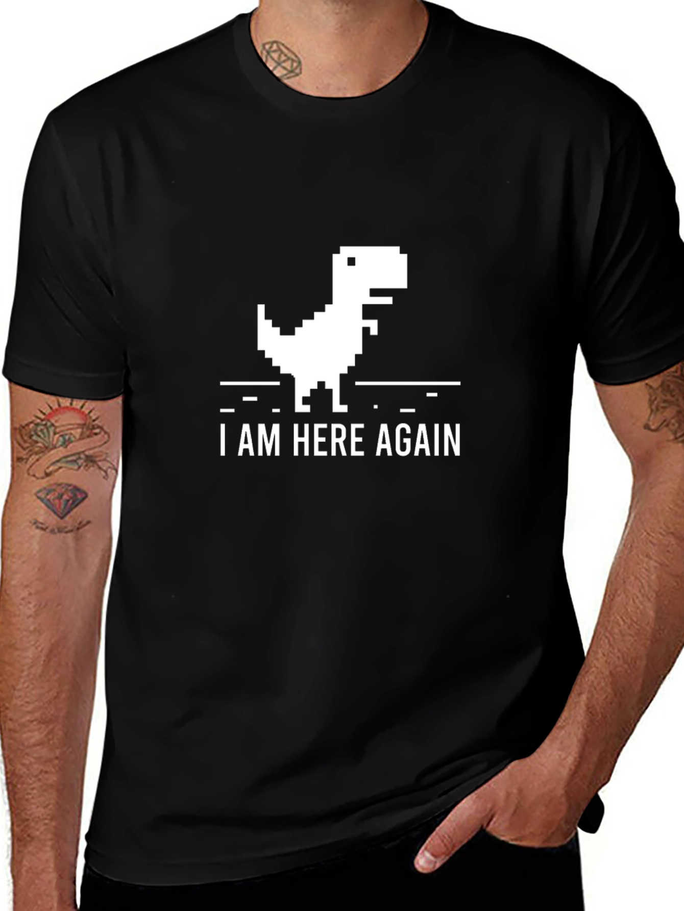 Pixel Dinosaur Graphic Tee - I Am Here Again Black T-Shirt