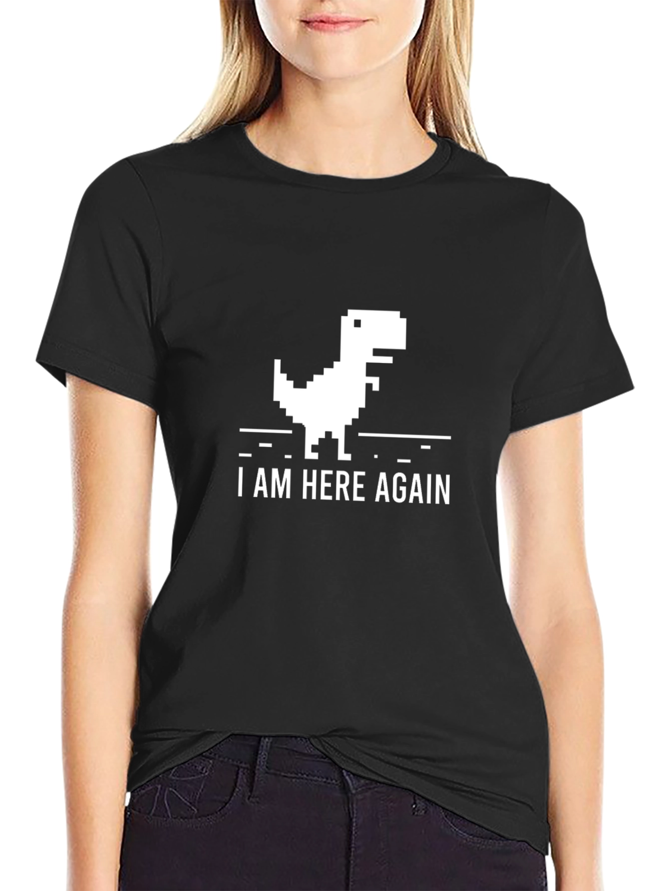 Pixel Dinosaur Graphic Tee - I Am Here Again Black T-Shirt