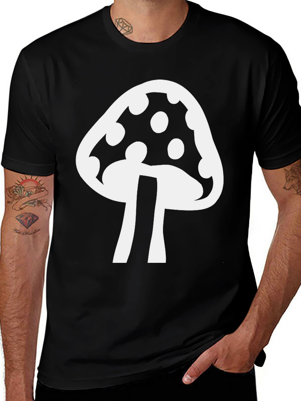 Mushroom Graphic T-Shirt - Black Cotton Blend Casual Tee