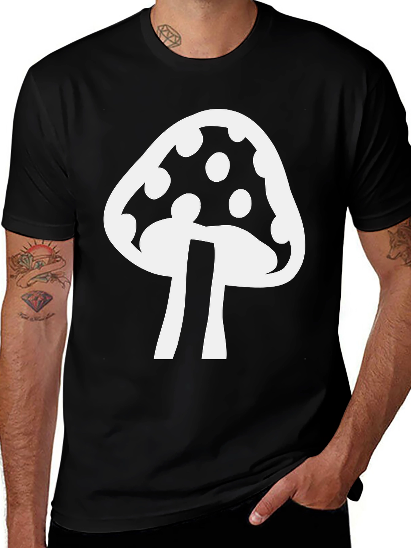 Mushroom Graphic T-Shirt - Black Cotton Blend Casual Tee
