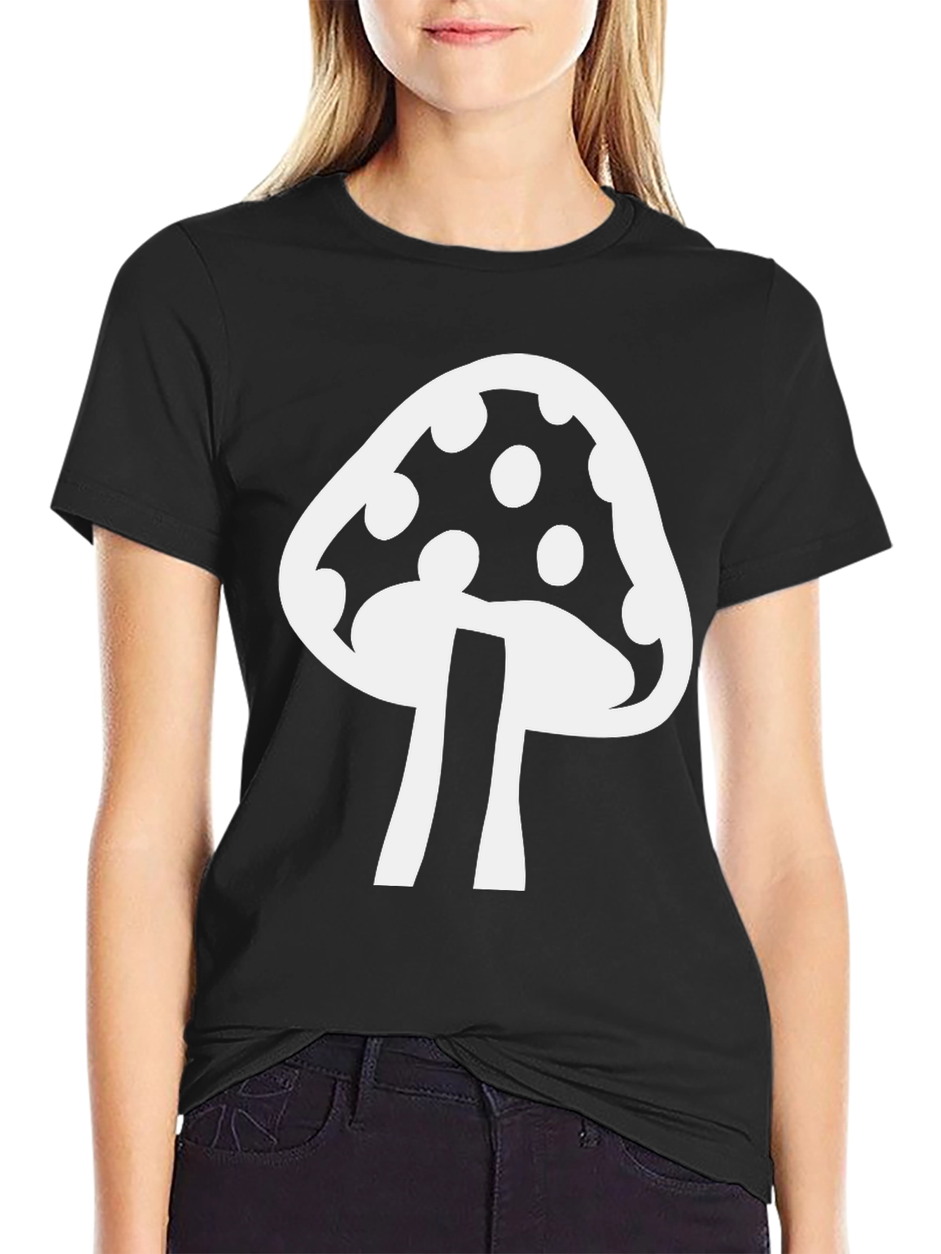 Mushroom Graphic T-Shirt - Black Cotton Blend Casual Tee