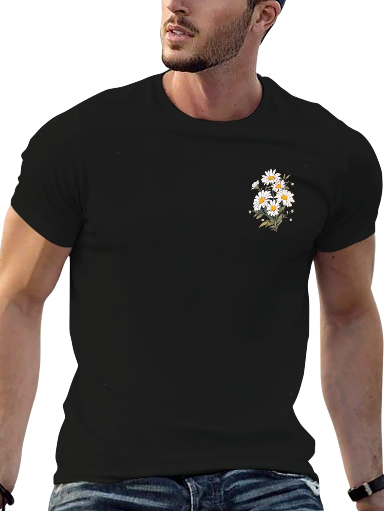 Black T-Shirt with Daisy Graphic