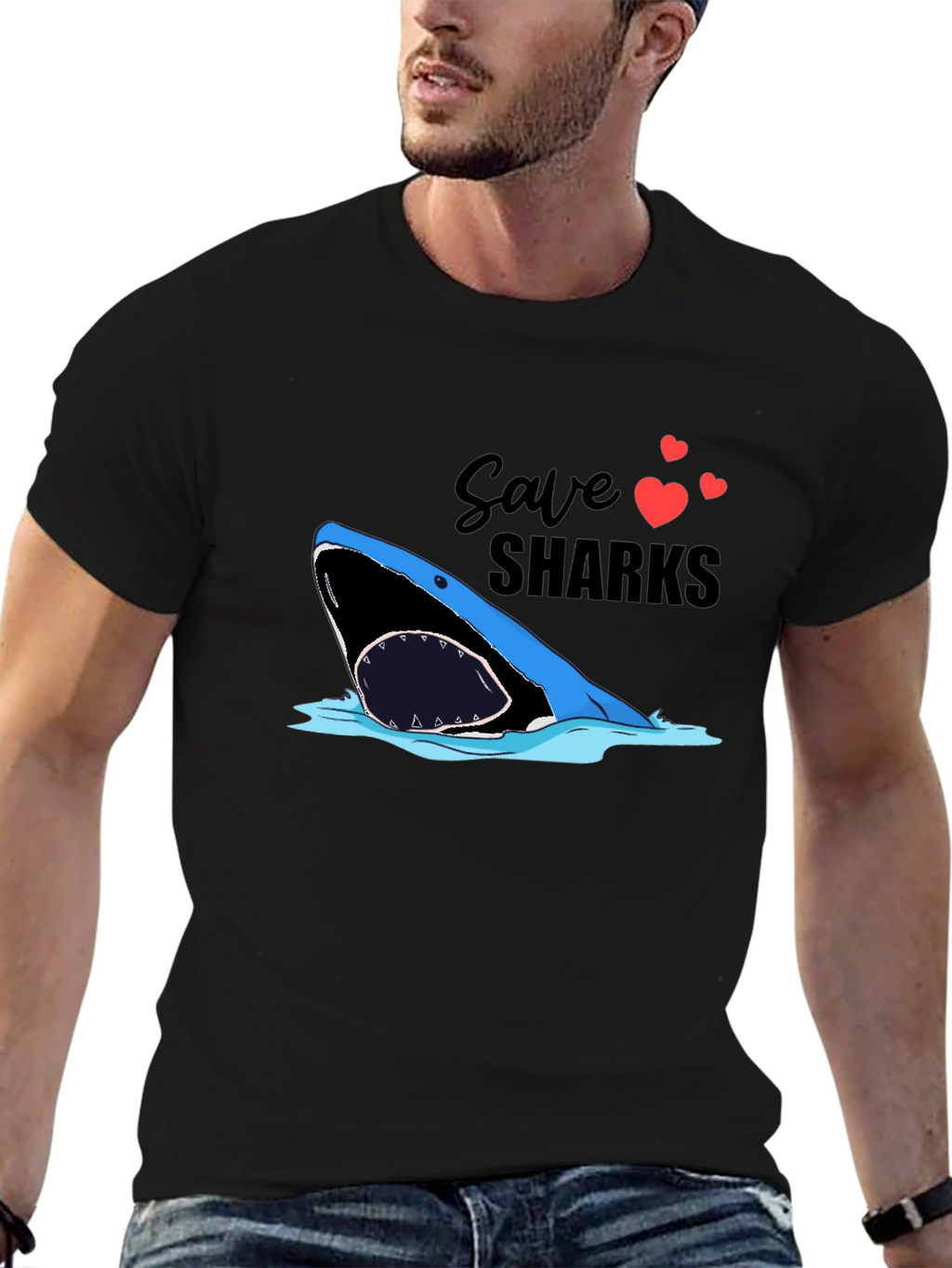 Save Sharks Graphic Tee - Black Cotton T-Shirt