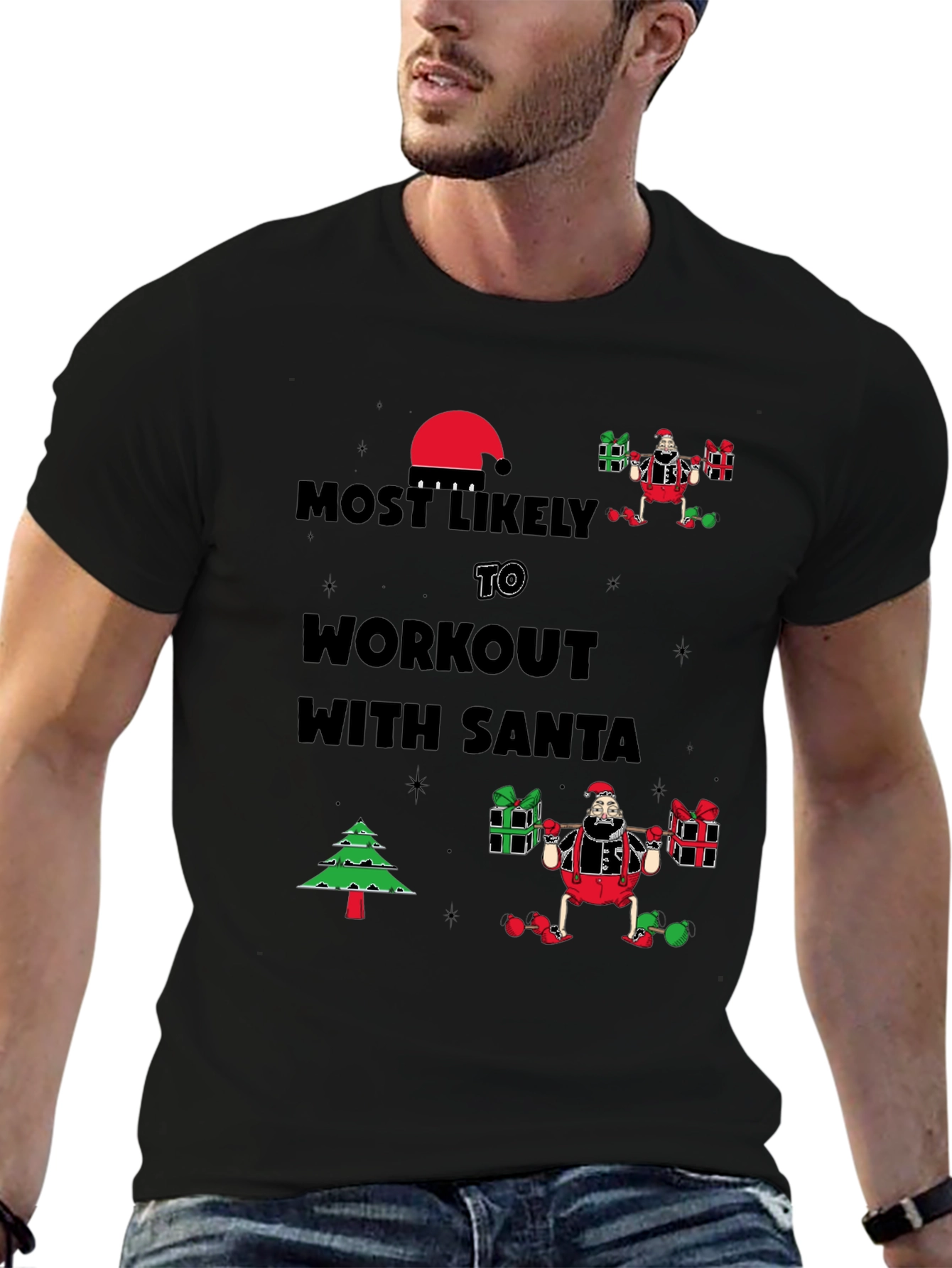 Most Likely to Workout With Santa Black T-Shirt