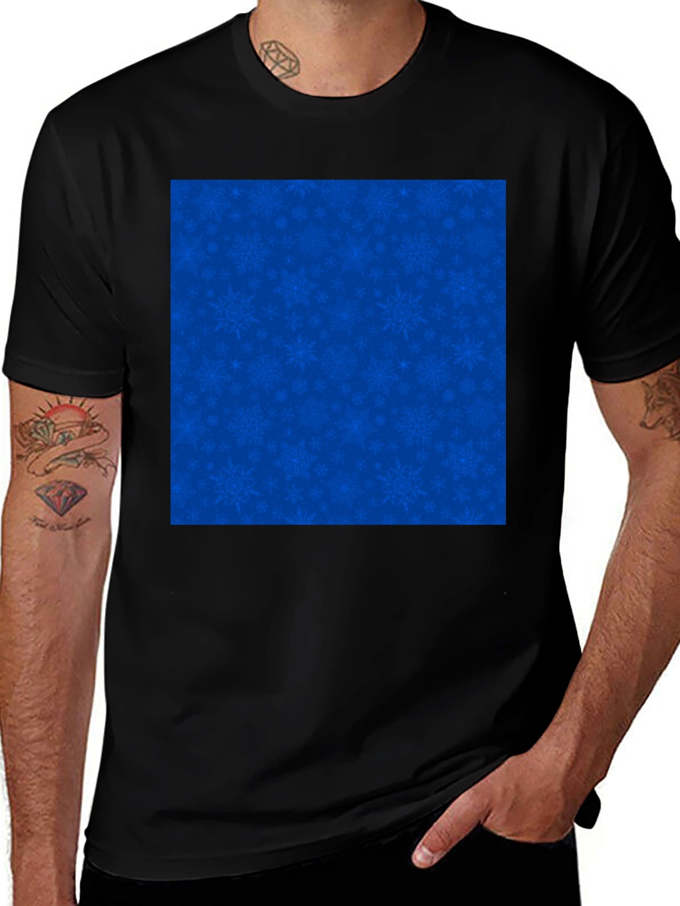 Mens Black Tee with Blue Snowflake Pattern