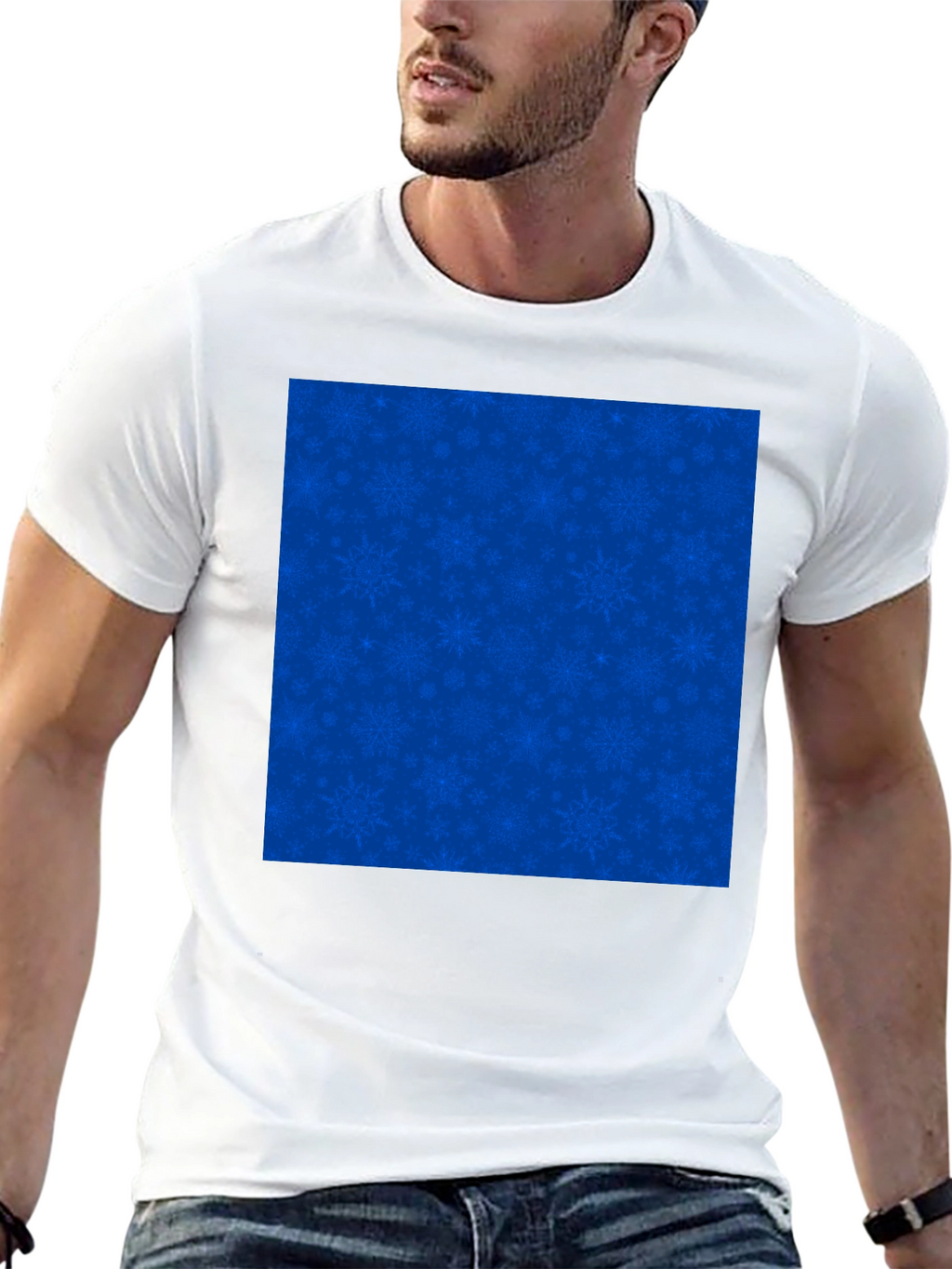 Mens Black Tee with Blue Snowflake Pattern