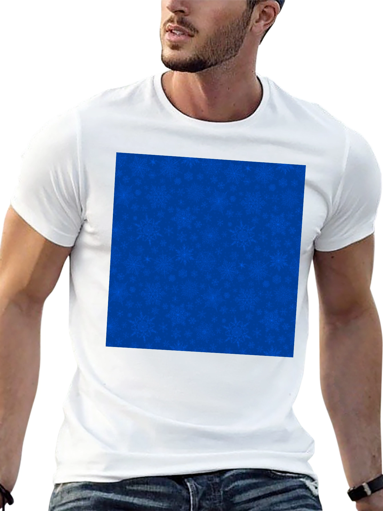 Mens Black Tee with Blue Snowflake Pattern