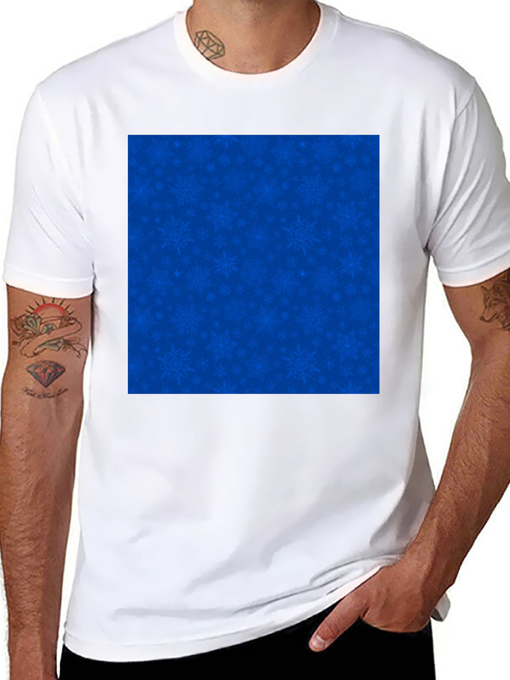 Mens Black Tee with Blue Snowflake Pattern