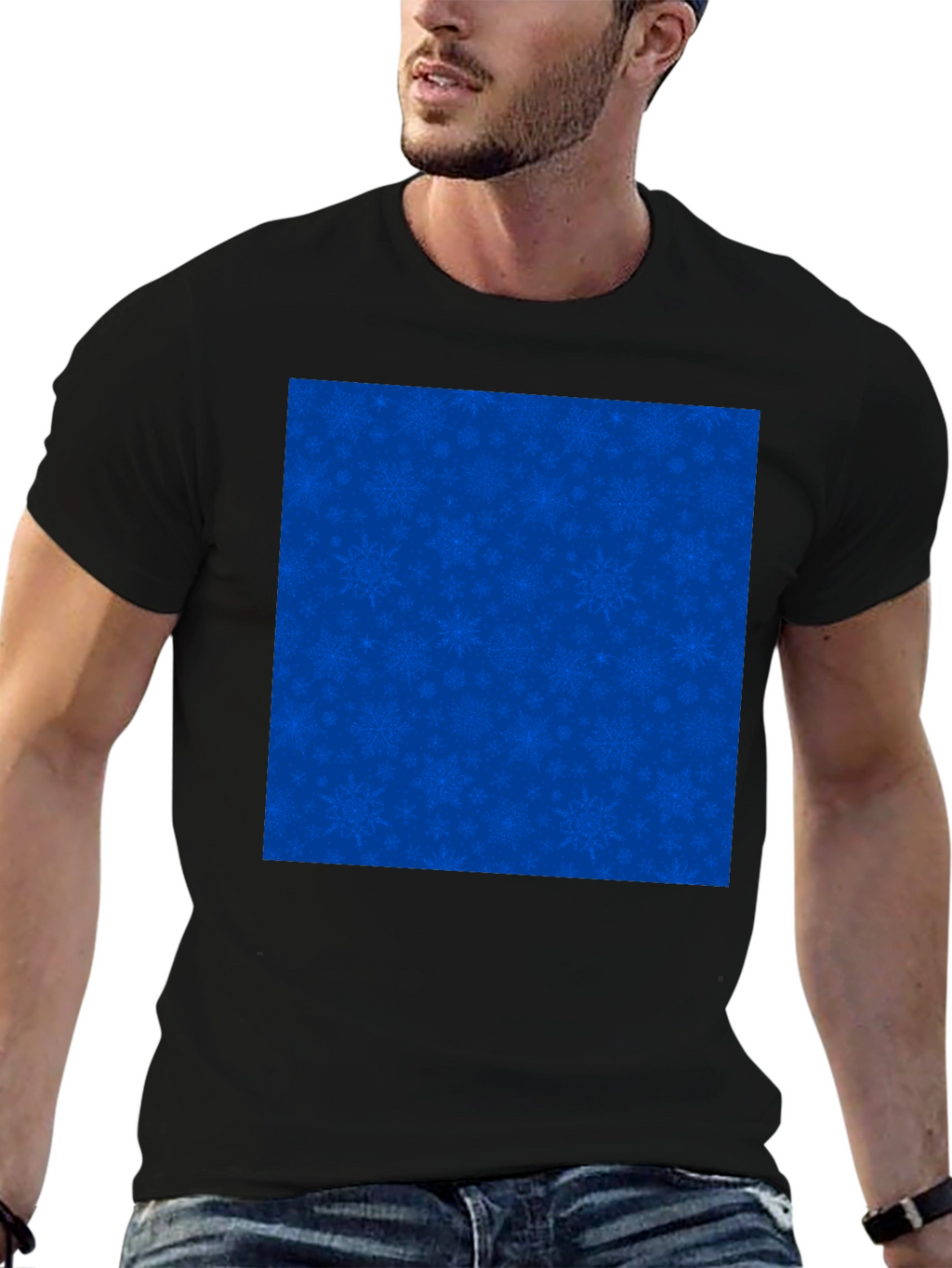 Mens Black Tee with Blue Snowflake Pattern
