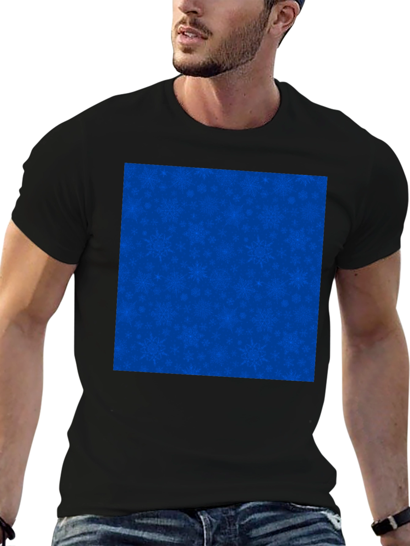Mens Black Tee with Blue Snowflake Pattern
