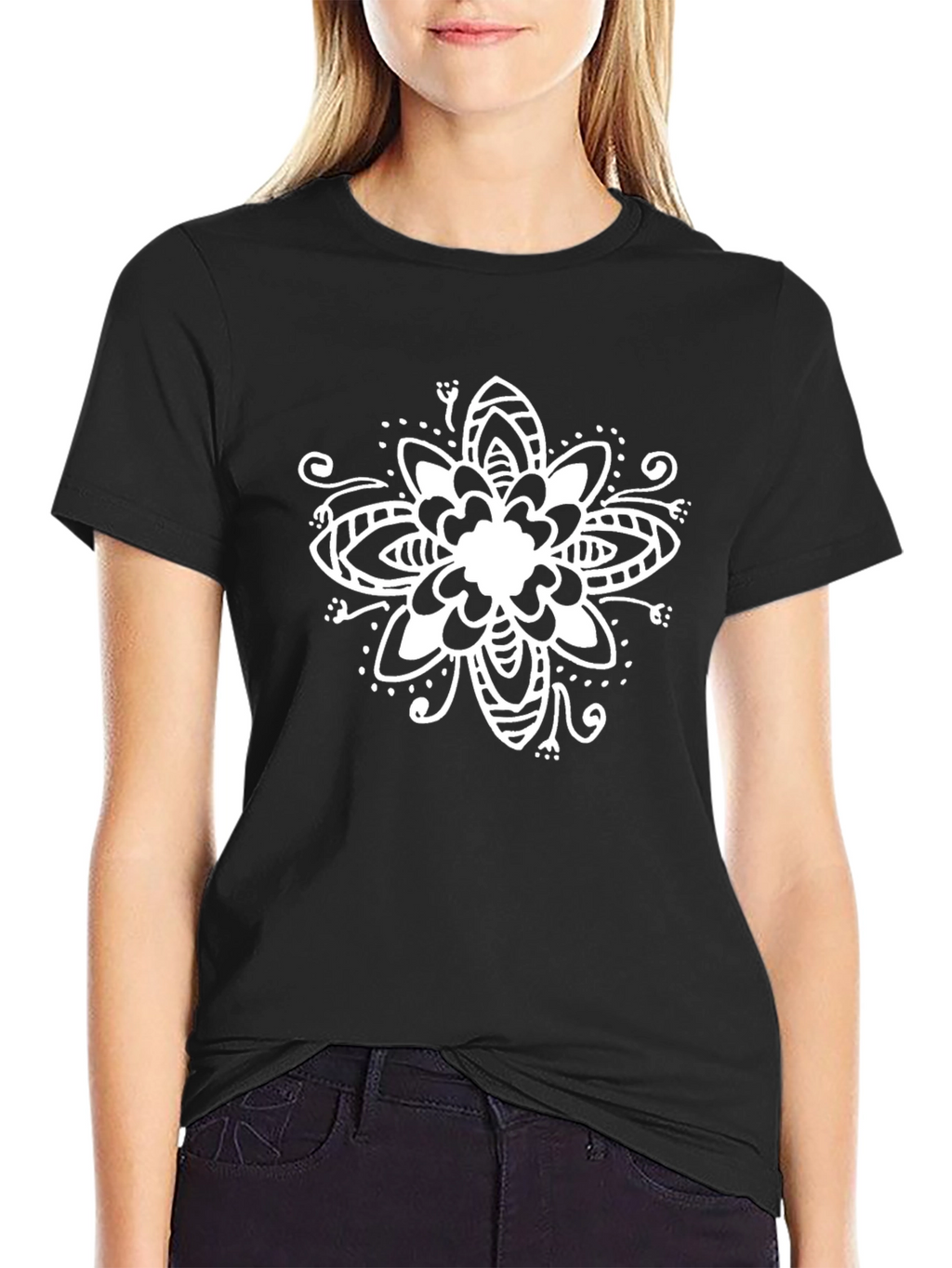Black T-Shirt with White Floral Design