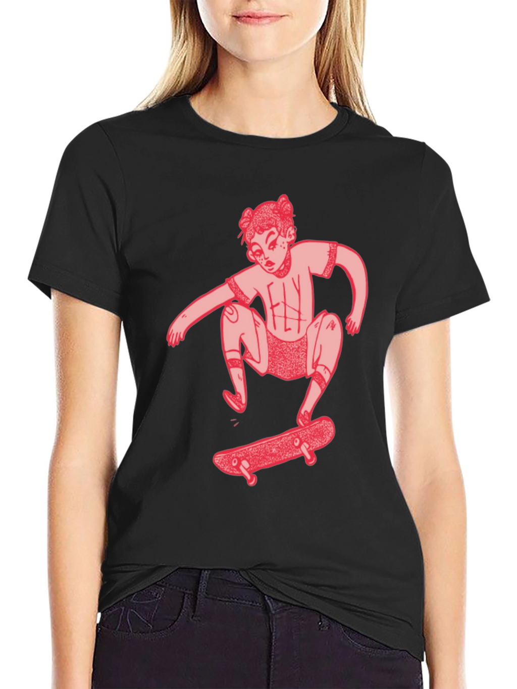 Skater Girl Graphic Tee - Black Cotton T-Shirt