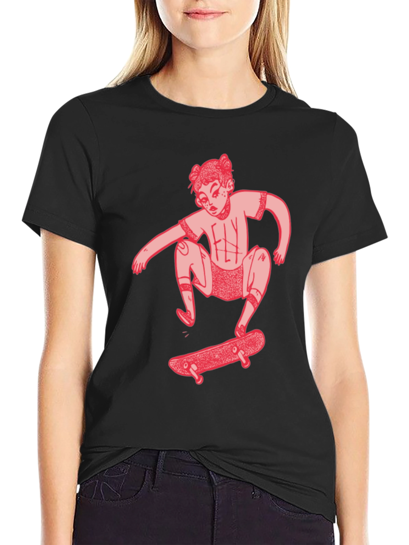Skater Girl Graphic Tee - Black Cotton T-Shirt