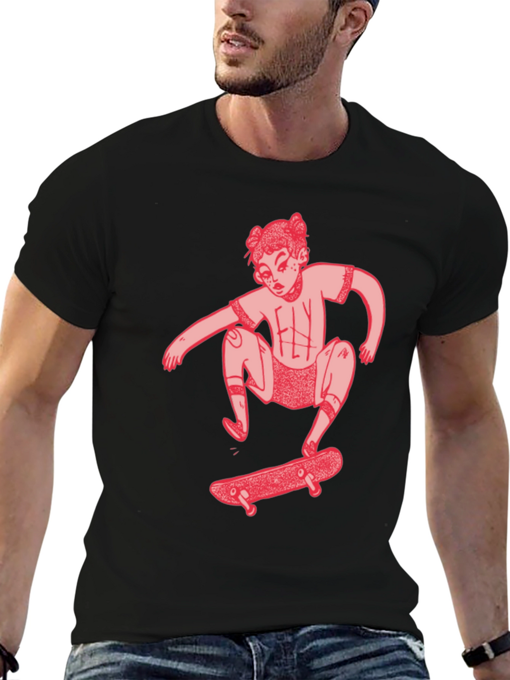 Skater Girl Graphic Tee - Black Cotton T-Shirt