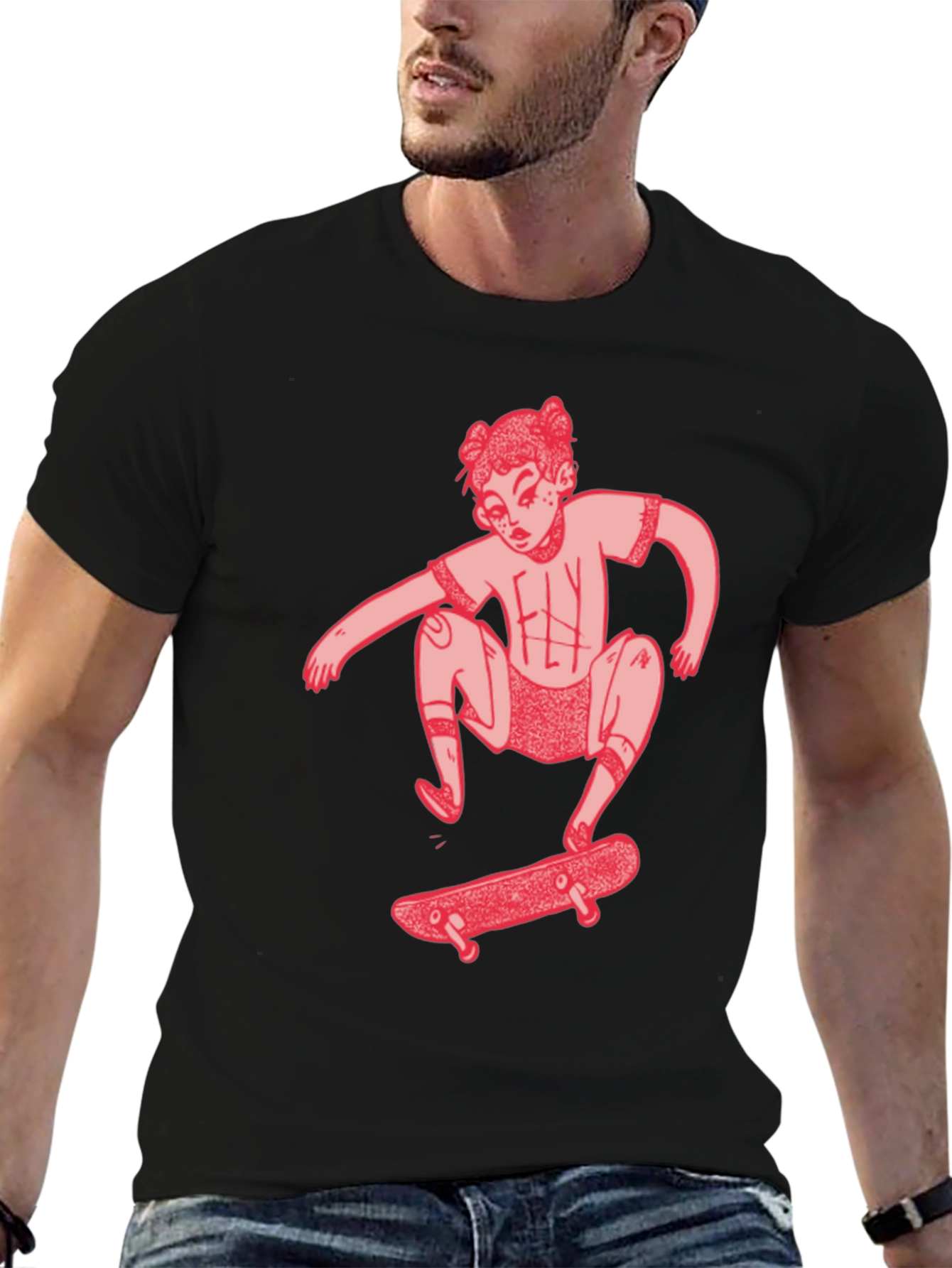 Skater Girl Graphic Tee - Black Cotton T-Shirt