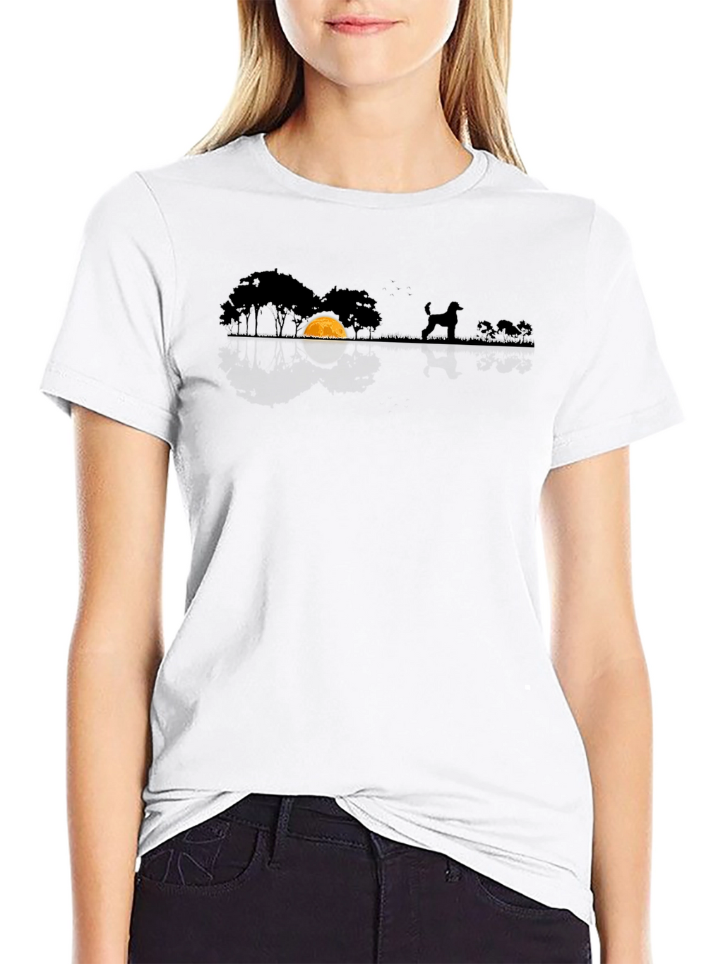 Dog Silhouette T-Shirt - Moonlit Scene Black Cotton Tee