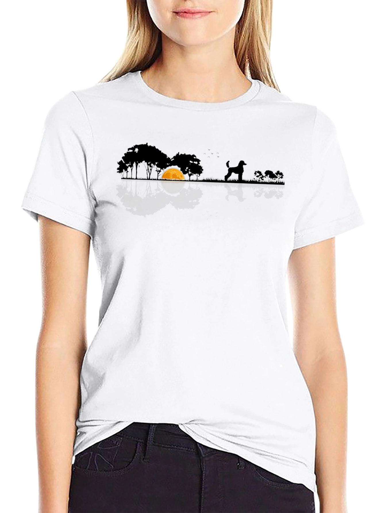 Dog Silhouette T-Shirt - Moonlit Scene Black Cotton Tee