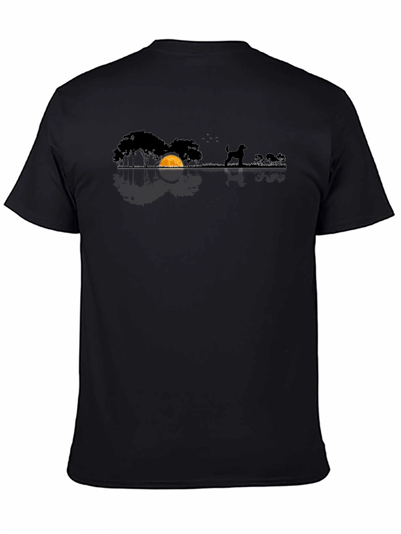Dog Silhouette T-Shirt - Moonlit Scene Black Cotton Tee