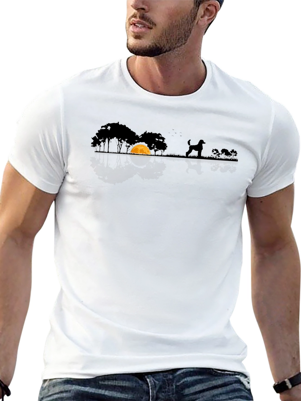 Dog Silhouette T-Shirt - Moonlit Scene Black Cotton Tee