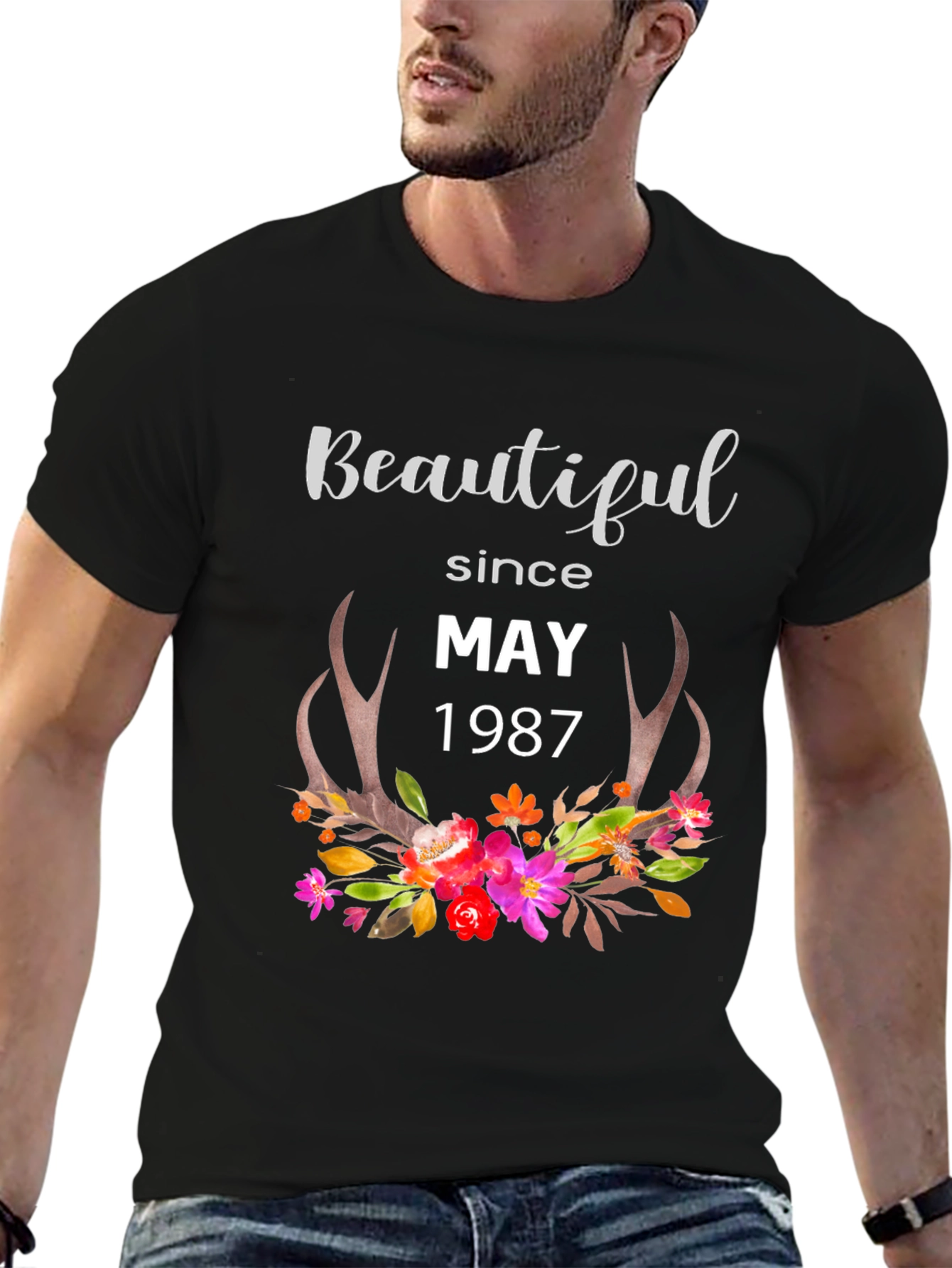 Beautiful Since May 1987 Floral Antler T-Shirt