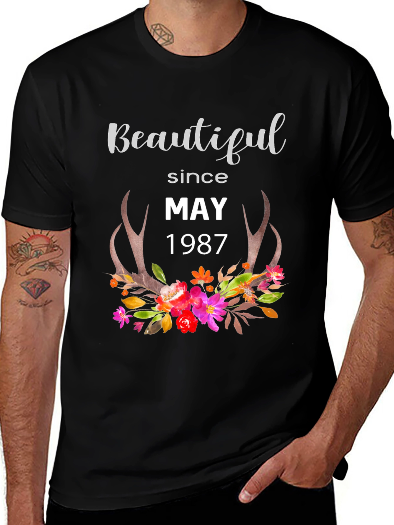 Beautiful Since May 1987 Floral Antler T-Shirt