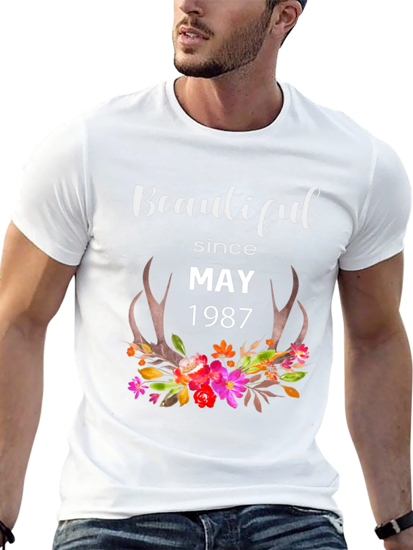 Beautiful Since May 1987 Floral Antler T-Shirt