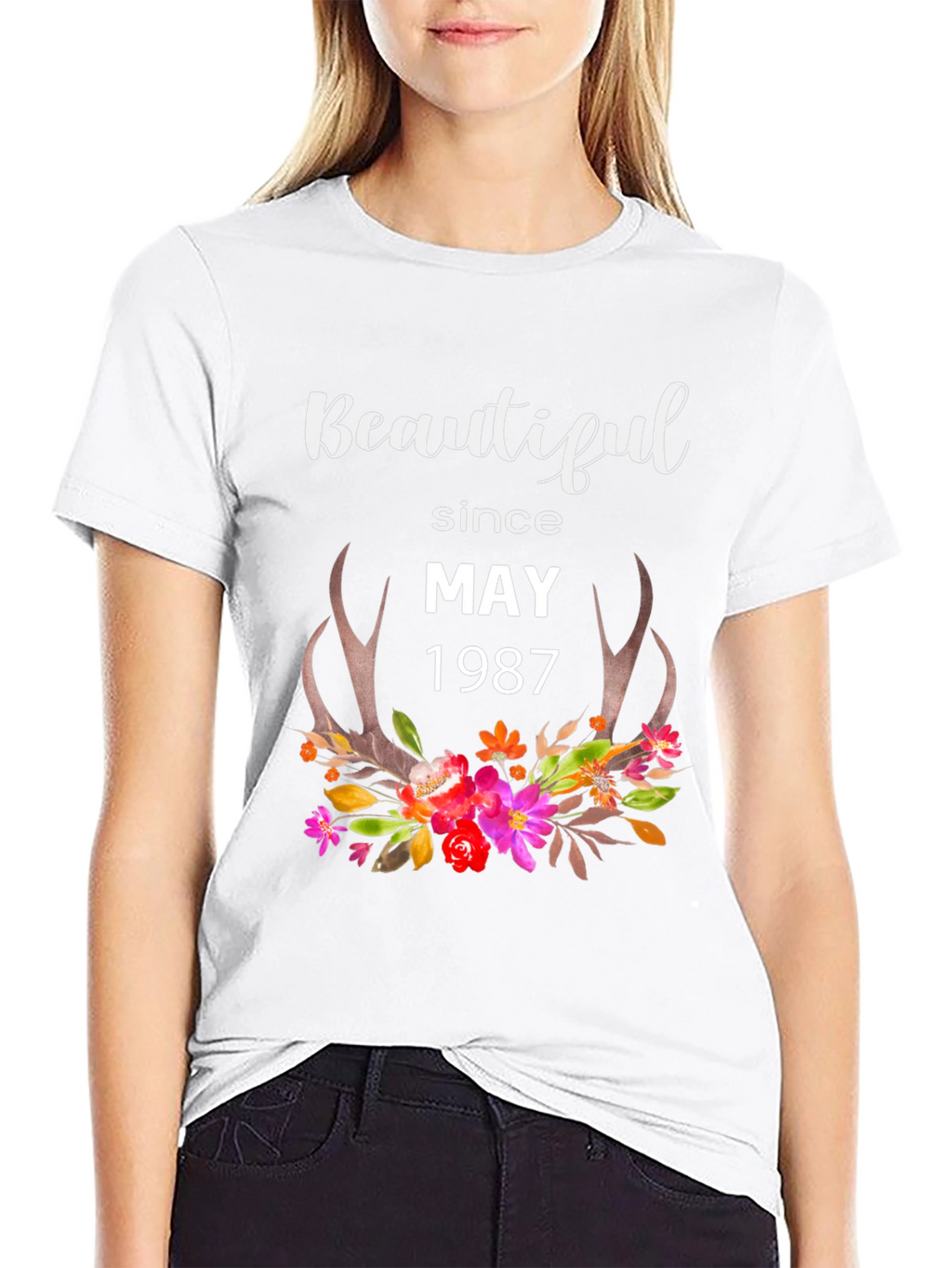 Beautiful Since May 1987 Floral Antler T-Shirt