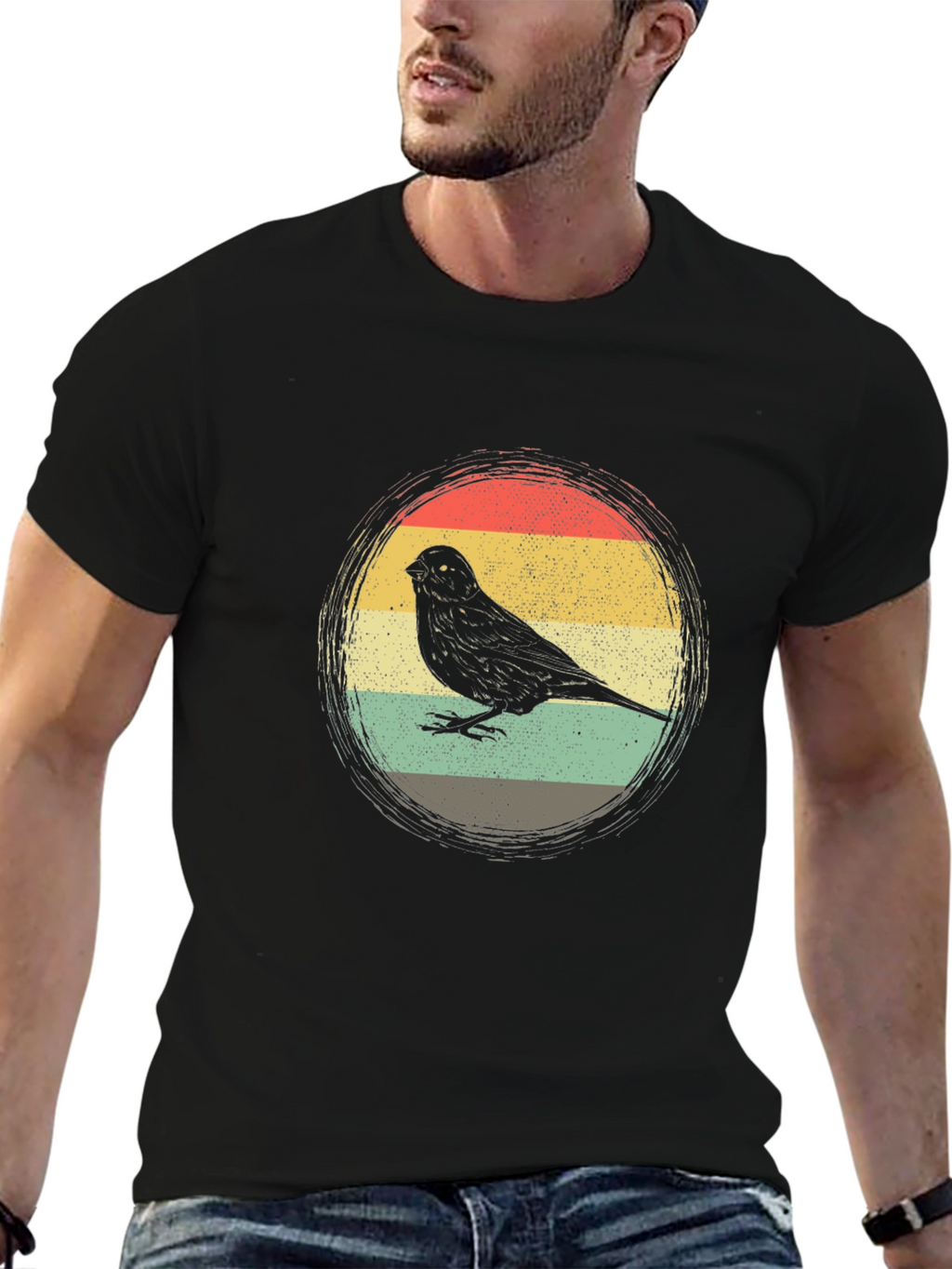 Retro Bird Graphic Tee - Stylish Mens Black T-Shirt