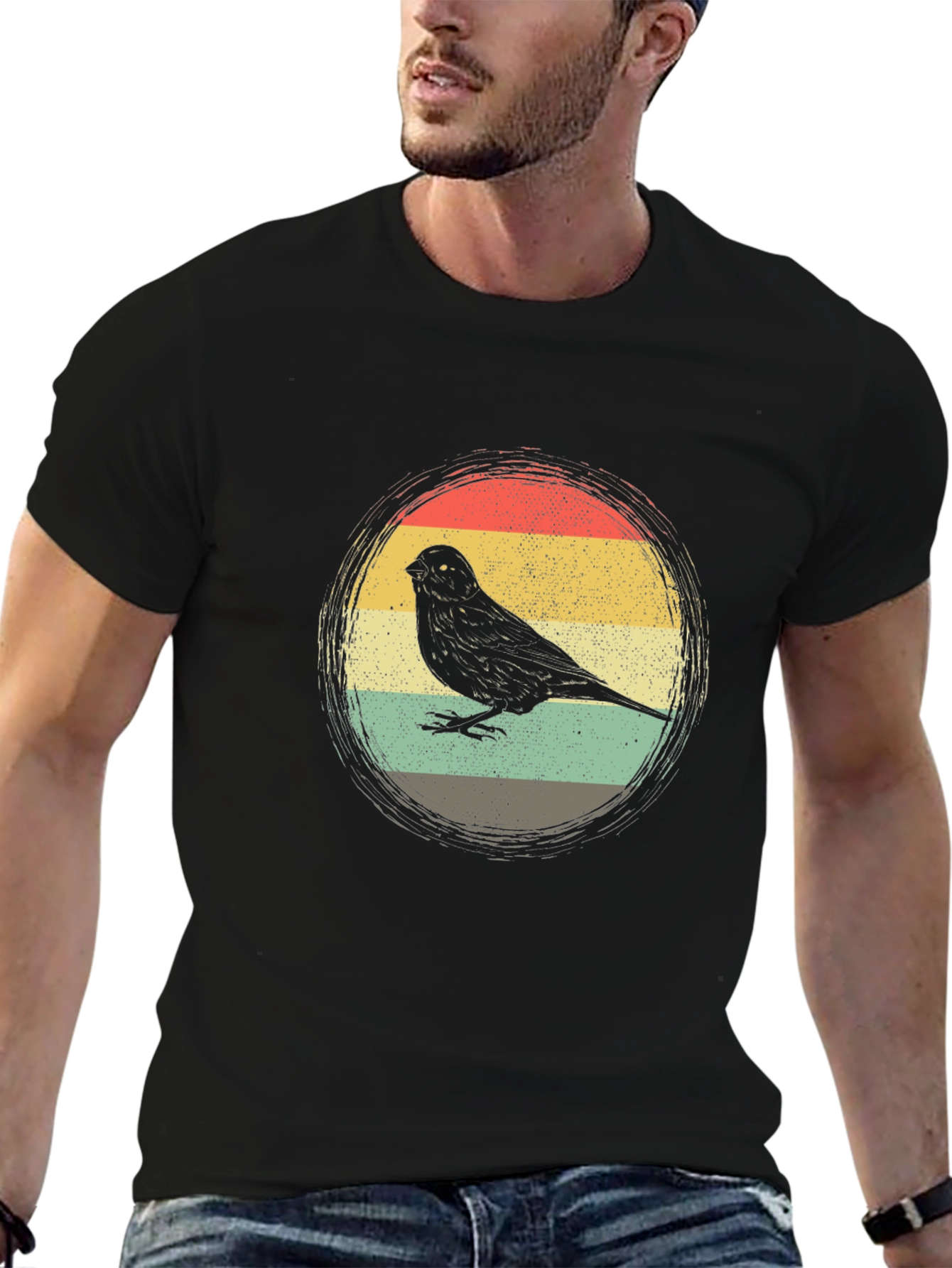 Retro Bird Graphic Tee - Stylish Mens Black T-Shirt