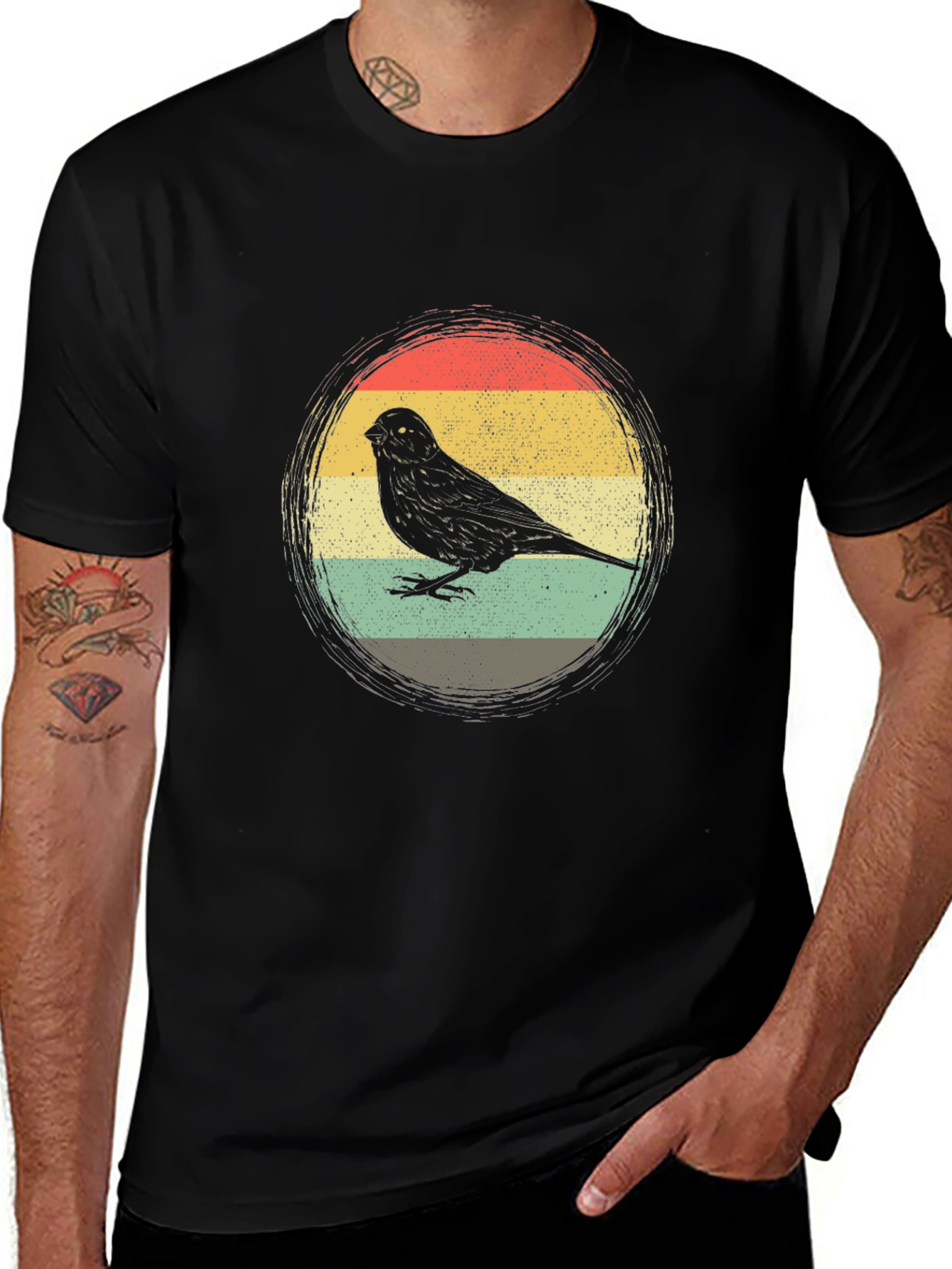 Retro Bird Graphic Tee - Stylish Mens Black T-Shirt