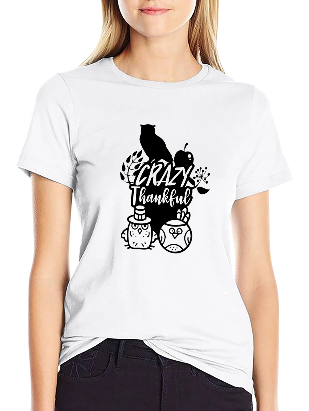 Crazy Thankful Owl Graphic Tee - Black