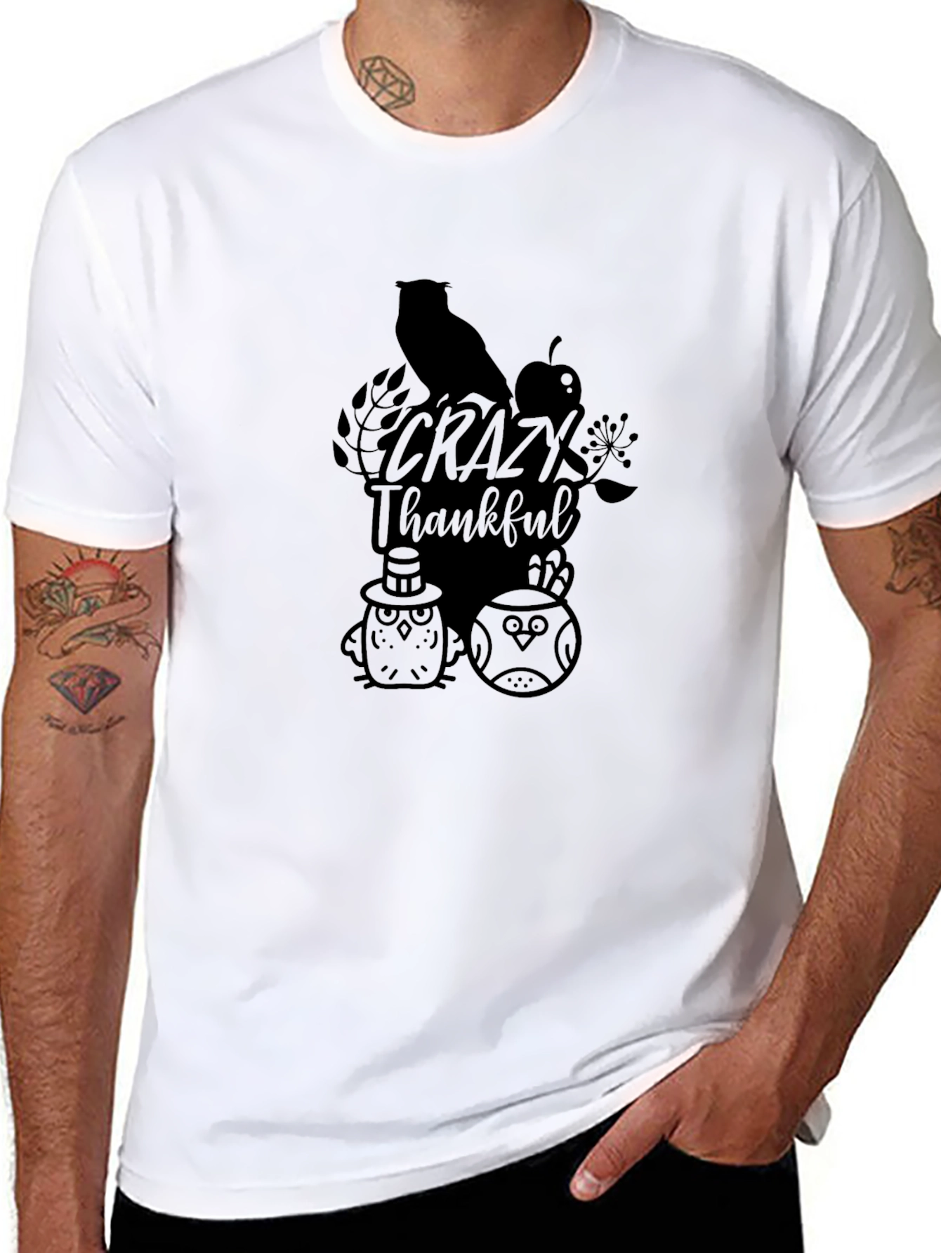 Crazy Thankful Owl Graphic Tee - Black