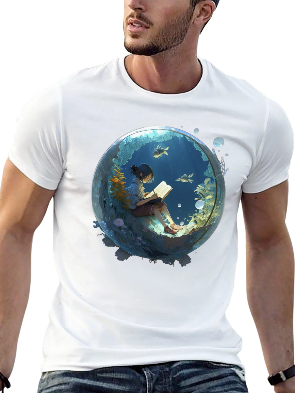 Black T-Shirt with Underwater Book Reader Design