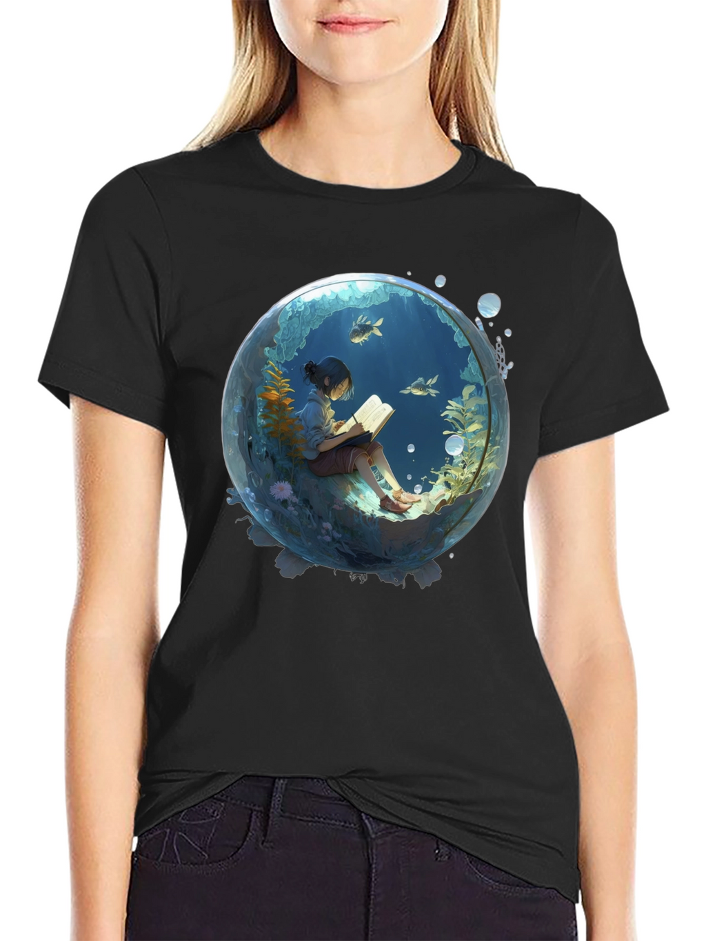 Black T-Shirt with Underwater Book Reader Design