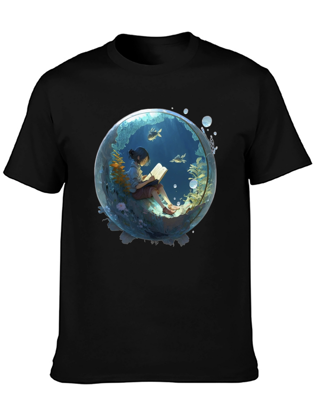 Black T-Shirt with Underwater Book Reader Design