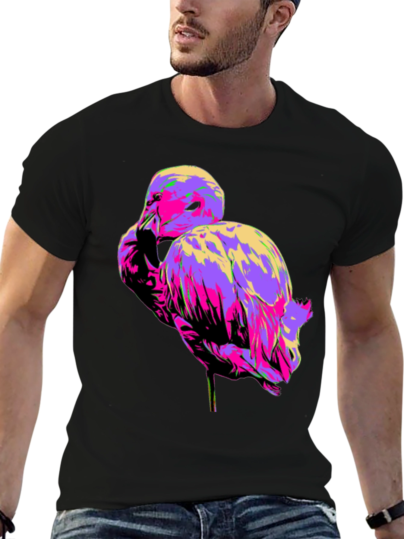 Vibrant Flamingo Graphic Tee - Black Cotton T-Shirt