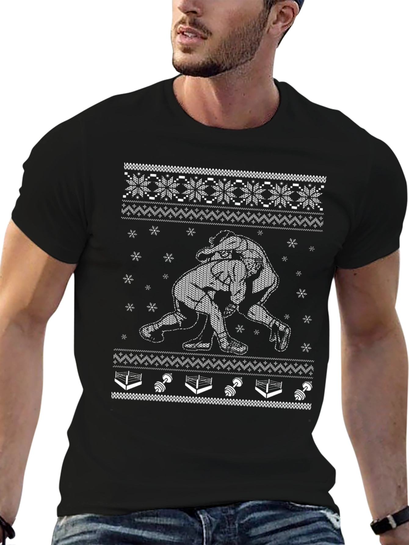Wrestling Ugly Christmas Sweater Style Black T-Shirt